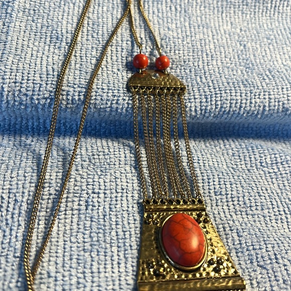 Necklace, brass, orange bead, stone, gold, textured, chain, tassel, and pendant - Picture 3 of 5